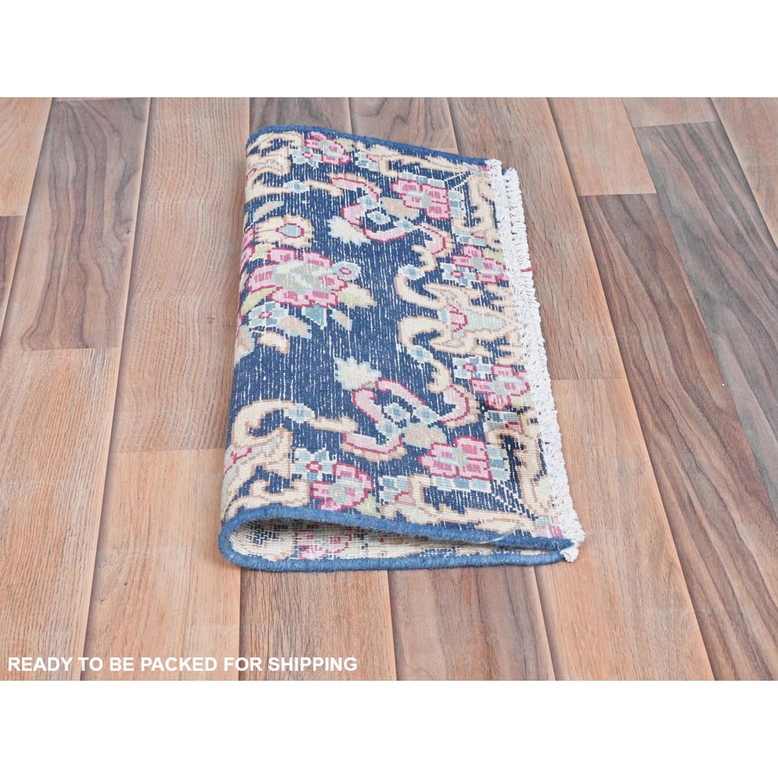 Navy Blue, Worn Wool Hand Knotted, Vintage Persian Kerman Square Rug - 5