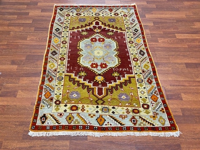 Antique Turkish Rug-1876: Title:Antique Turkish Rug-1876 Description:Superb Turkish decorative rug , from central Turkey, size,3 ft. 5 inches by 5 ft, circa dated1969, excellent condition with all original ends and edges. C