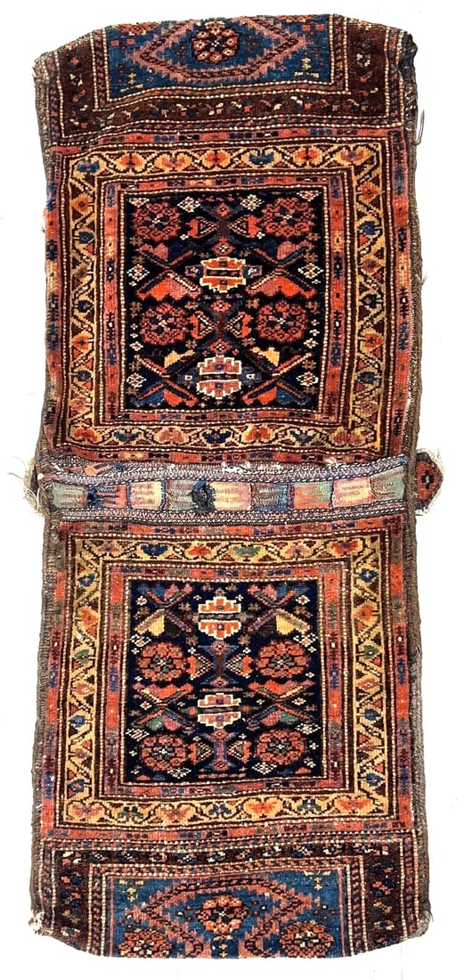 Hand-Knotted Antique Persian Farahan Tribal Double Saddle Bag Wool Rug 1'9" x 4'3" - 2