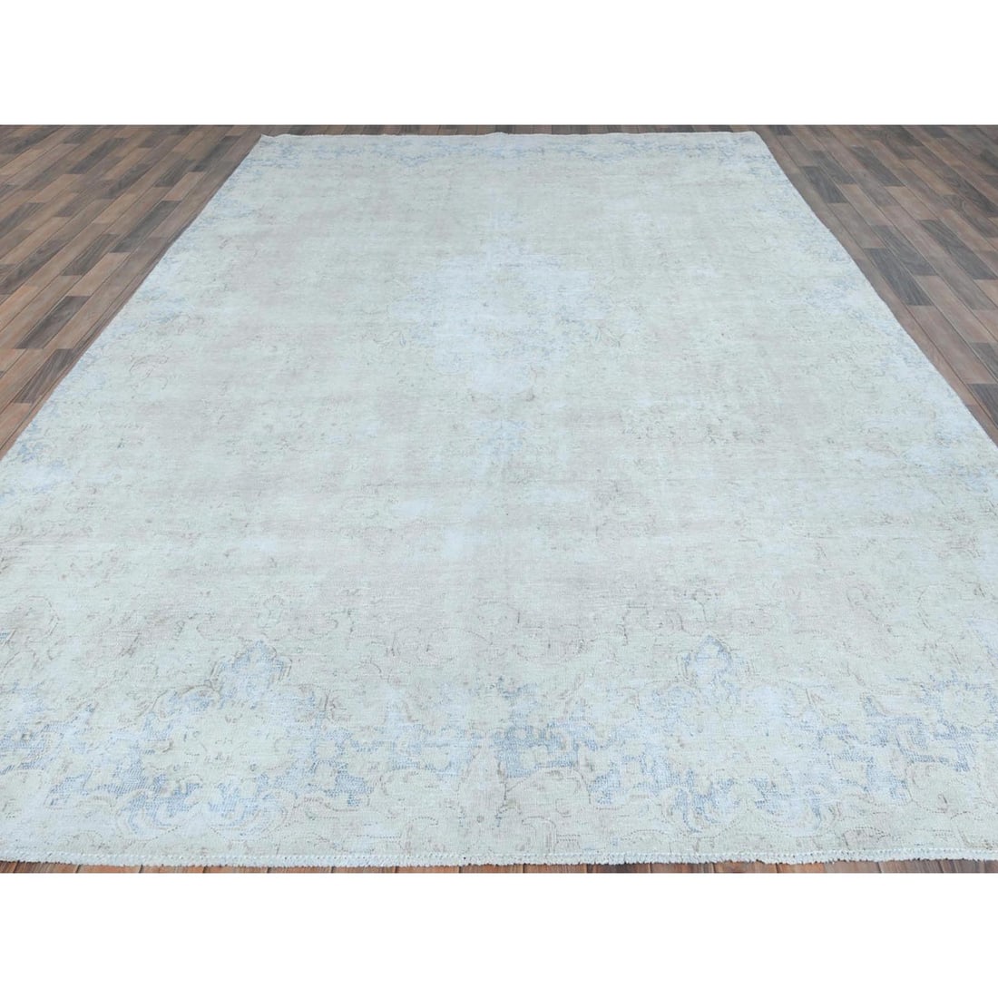 Ivory Vintage Persian Kerman Hand Knotted Cropped Thin Worn Wool Rug - 2
