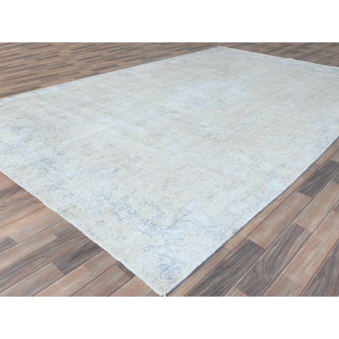 Ivory Vintage Persian Kerman Hand Knotted Cropped Thin Worn Wool Rug - 3