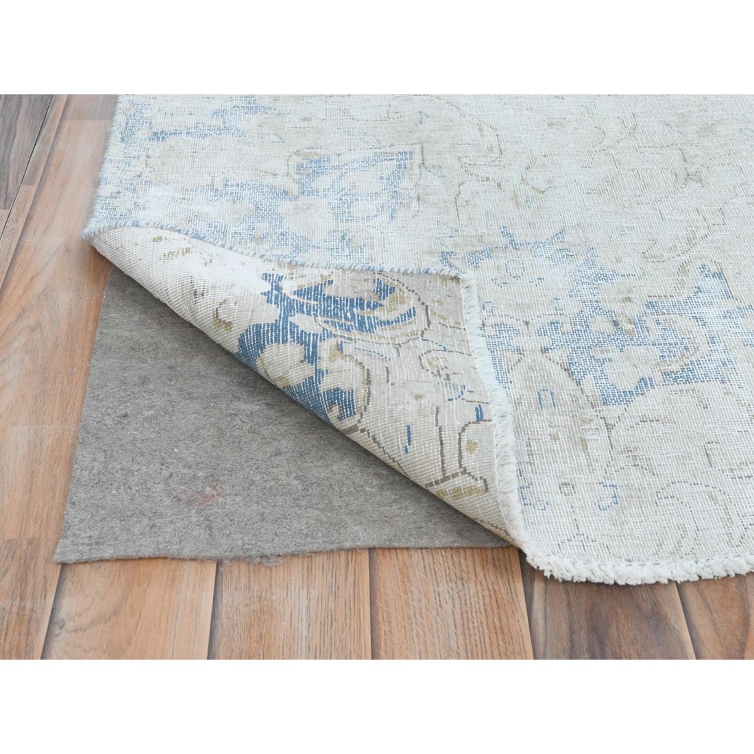 Ivory Vintage Persian Kerman Hand Knotted Cropped Thin Worn Wool Rug - 4