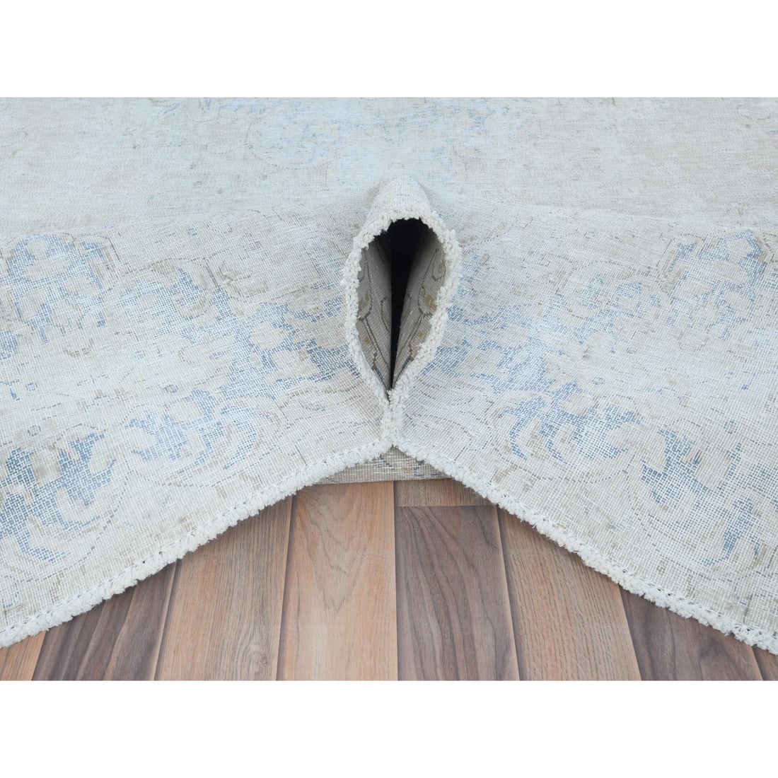 Ivory Vintage Persian Kerman Hand Knotted Cropped Thin Worn Wool Rug - 5
