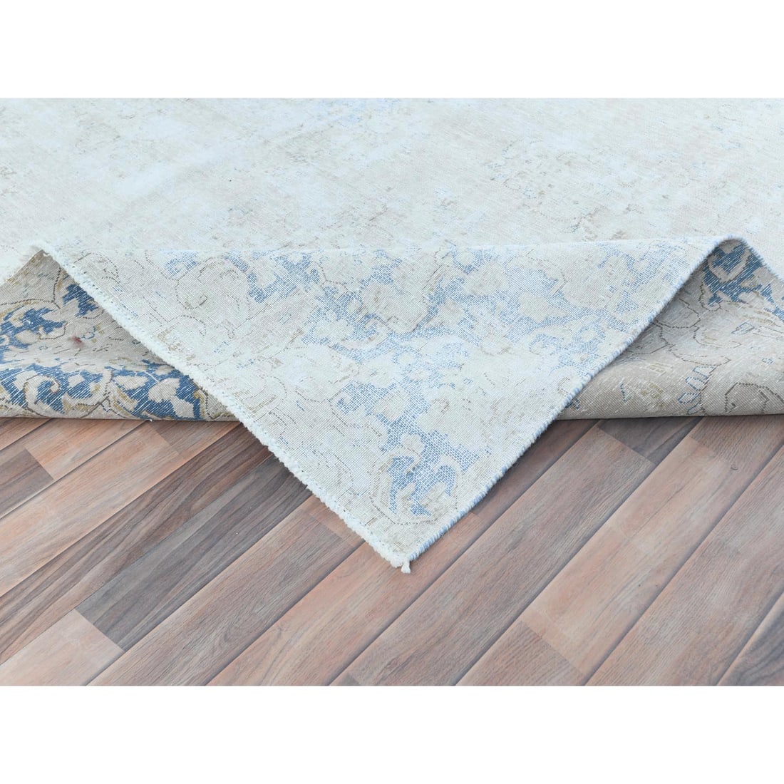 Ivory Vintage Persian Kerman Hand Knotted Cropped Thin Worn Wool Rug - 6