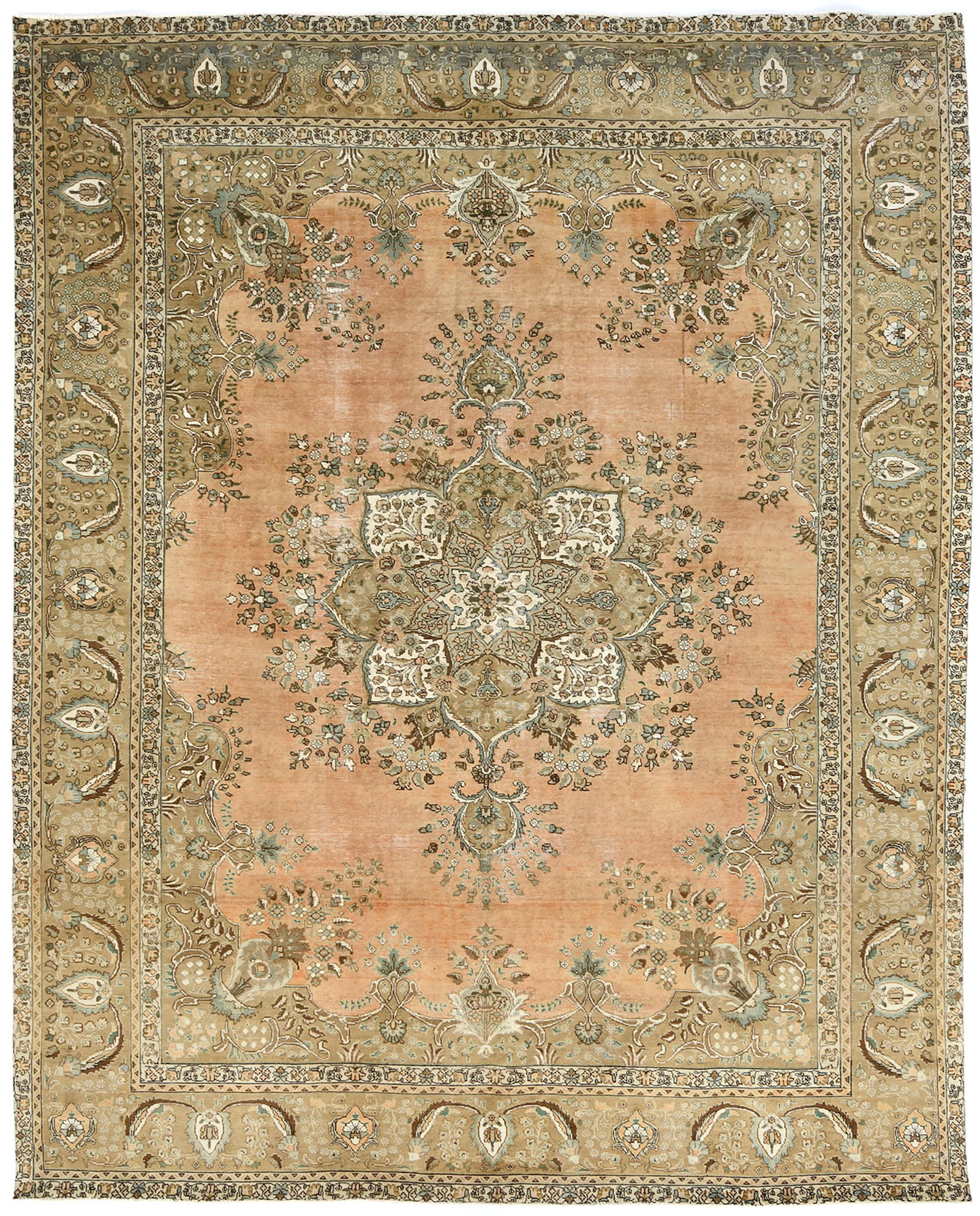 Semi Antique Muted Floral 10X12 Distressed Vintage Oriental Rug: Title: Semi Antique Muted Floral 10X12 Distressed Vintage Oriental Rug Description:Hand Knotted 10X12 rusty peach oriental rug made with vegetable dyes (fine wool pile and cotton foundation), superior