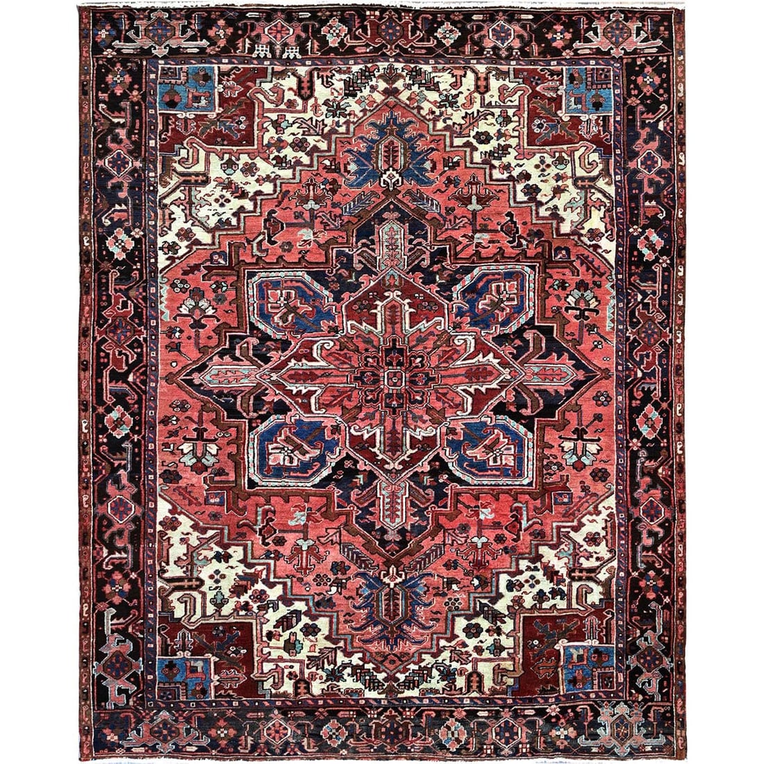Blush Red Vintage Persian Heriz Hand Knotted Pure Wool Oriental Rug: Title: Blush Red Vintage Persian Heriz Hand Knotted Pure Wool Oriental Rug Description:This is a truly genuine one-of-a-kind. It has been Knotted for months and months in the centuries-old weaving