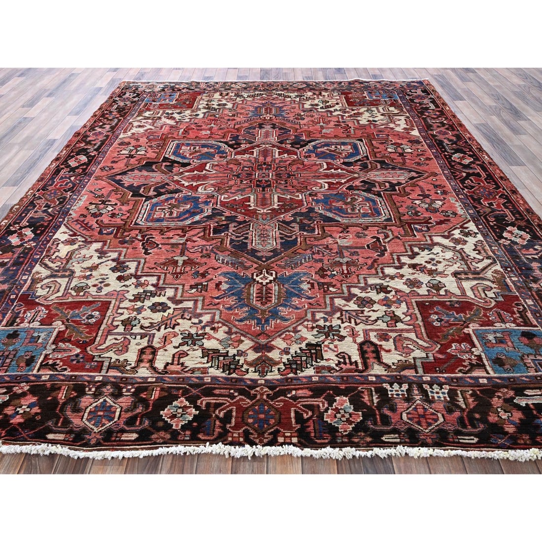 Blush Red Vintage Persian Heriz Hand Knotted Pure Wool Oriental Rug - 2