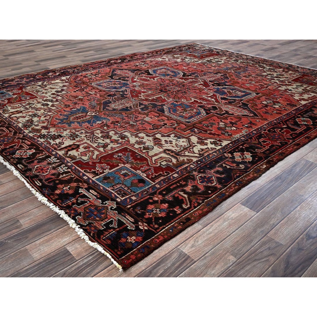 Blush Red Vintage Persian Heriz Hand Knotted Pure Wool Oriental Rug - 3