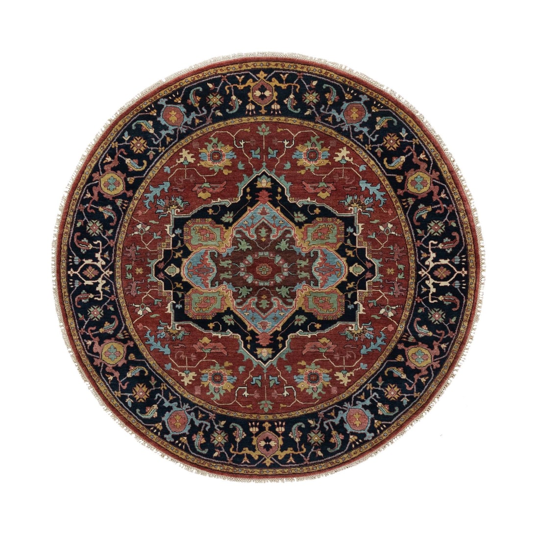 Brick Red Antiqued Fine Heriz Re-Creation Hand Knotted Wool Round Rug: Title: Brick Red Antiqued Fine Heriz Re-Creation Hand Knotted Wool Round Rug Description:This is a truly genuine one-of-a-kind. It has been Knotted for months and months in the centuries-old weaving c