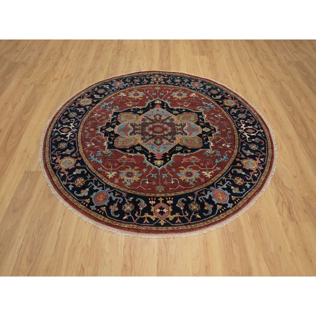 Brick Red Antiqued Fine Heriz Re-Creation Hand Knotted Wool Round Rug - 2
