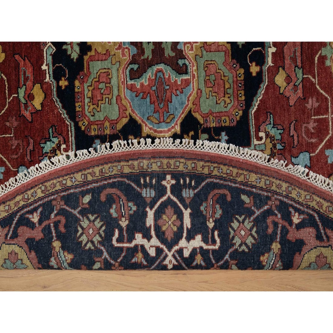 Brick Red Antiqued Fine Heriz Re-Creation Hand Knotted Wool Round Rug - 3