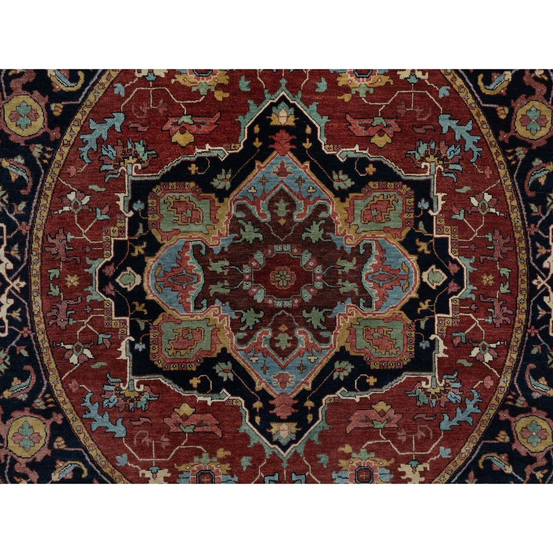 Brick Red Antiqued Fine Heriz Re-Creation Hand Knotted Wool Round Rug - 5