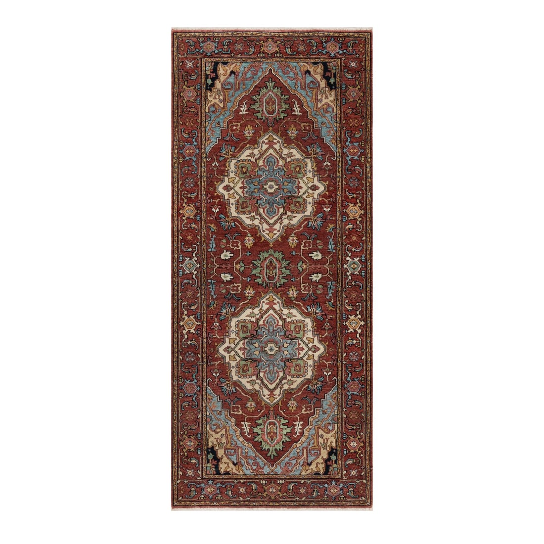 Red Antiqued Fine Heriz Re-Creation Hand Knotted Soft Wool Runner Rug: Title: Red Antiqued Fine Heriz Re-Creation Hand Knotted Soft Wool Runner Rug Description:This is a truly genuine one-of-a-kind. It has been Knotted for months and months in the centuries-old weaving c