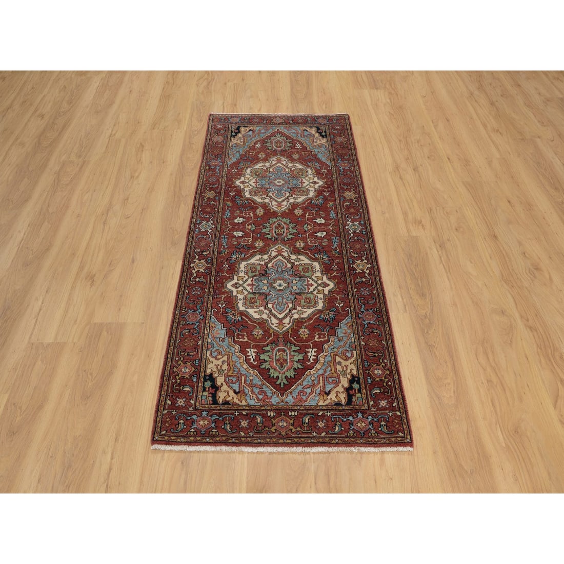 Red Antiqued Fine Heriz Re-Creation Hand Knotted Soft Wool Runner Rug - 2