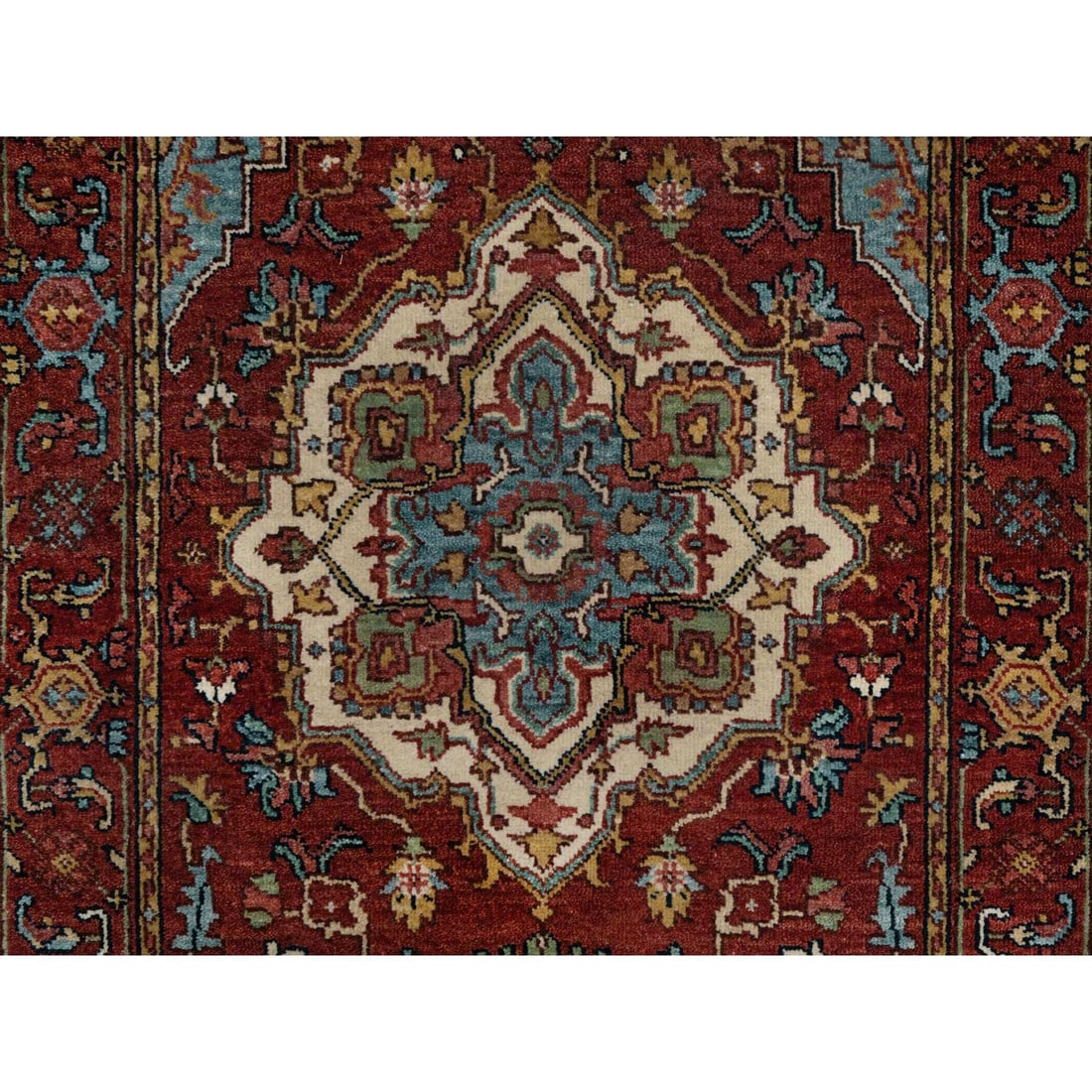 Red Antiqued Fine Heriz Re-Creation Hand Knotted Soft Wool Runner Rug - 5