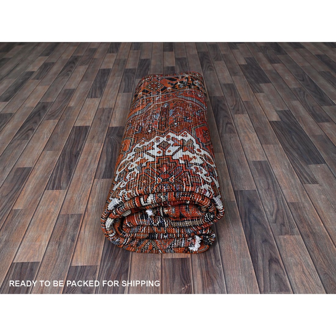 Orange Vintage Persian Heriz Medallion Design Hand Knotted Wool Rug - 9