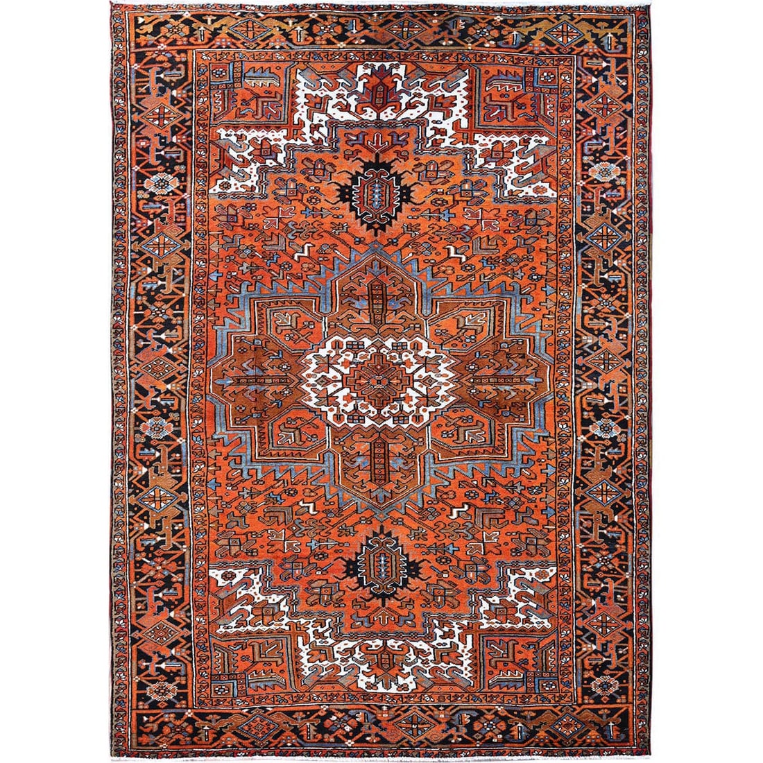 Orange Vintage Persian Heriz Medallion Design Hand Knotted Wool Rug: Title: Orange Vintage Persian Heriz Medallion Design Hand Knotted Wool Rug Description:This is a truly genuine one-of-a-kind. It has been Knotted for months and months in the centuries-old weaving cra