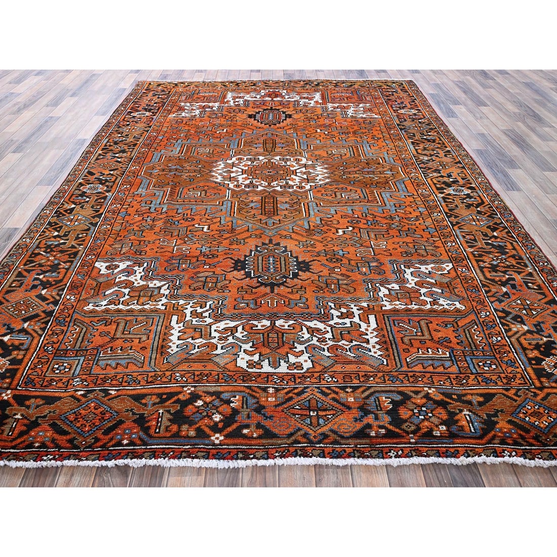 Orange Vintage Persian Heriz Medallion Design Hand Knotted Wool Rug - 2