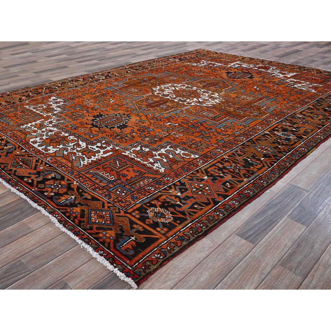 Orange Vintage Persian Heriz Medallion Design Hand Knotted Wool Rug - 3