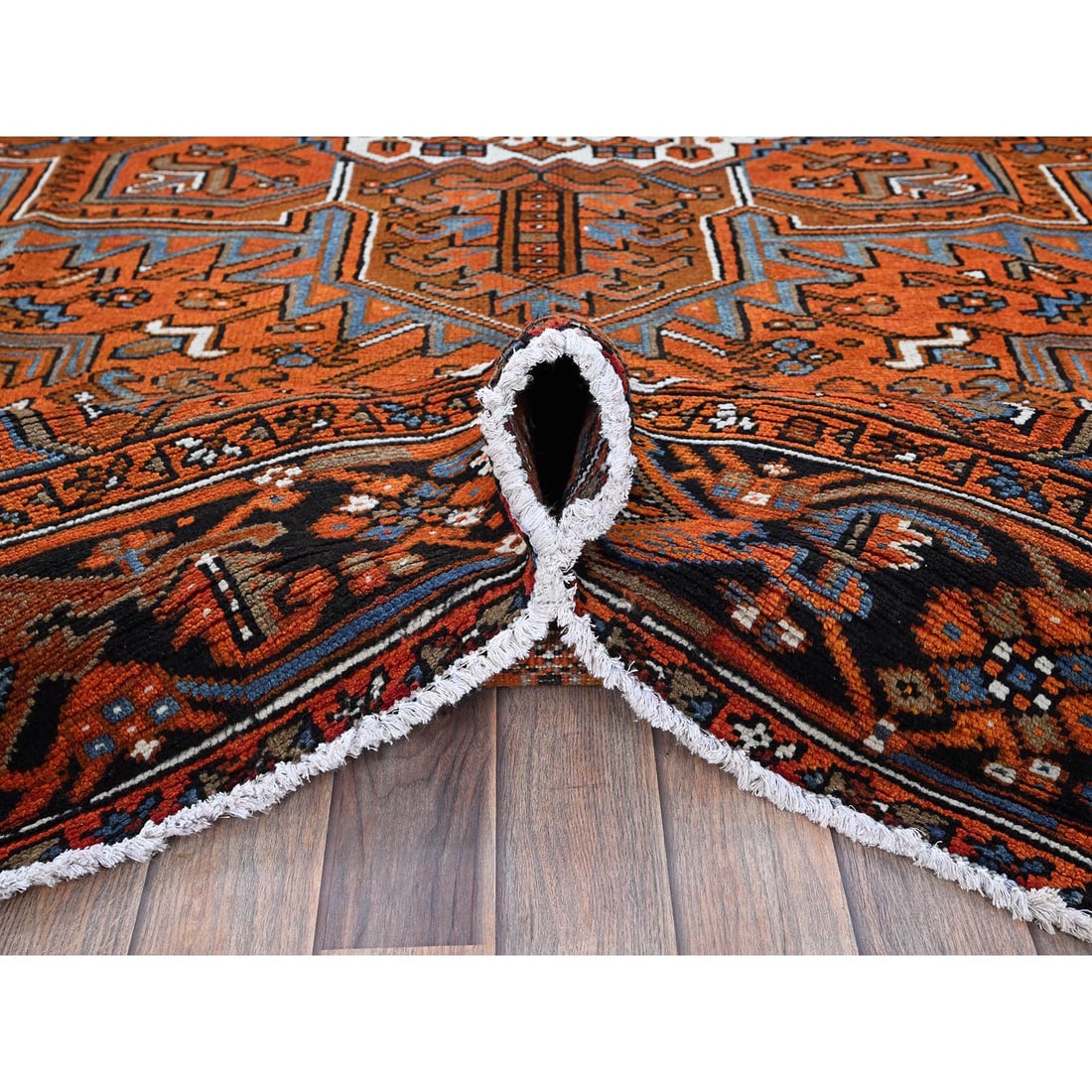 Orange Vintage Persian Heriz Medallion Design Hand Knotted Wool Rug - 5