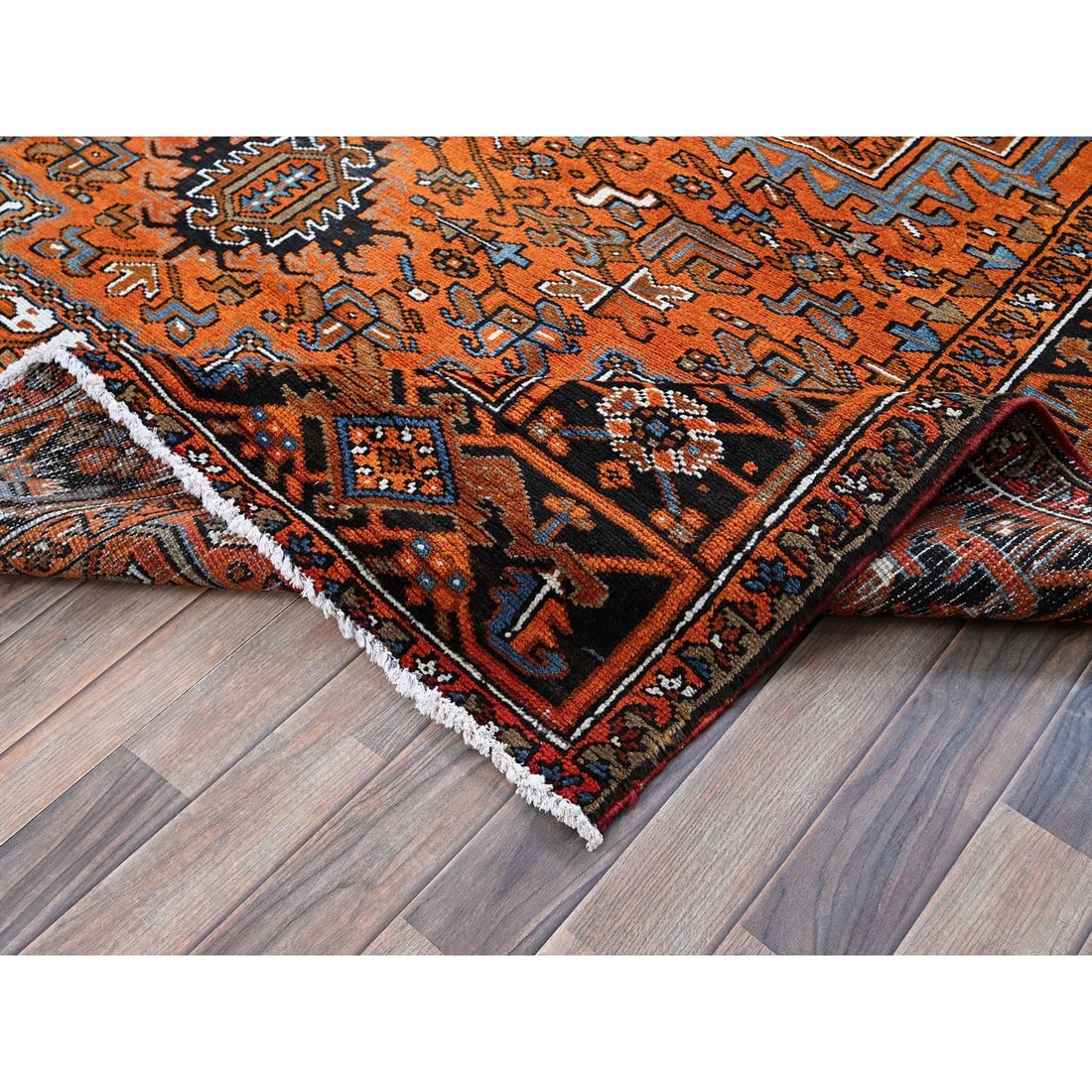 Orange Vintage Persian Heriz Medallion Design Hand Knotted Wool Rug - 6