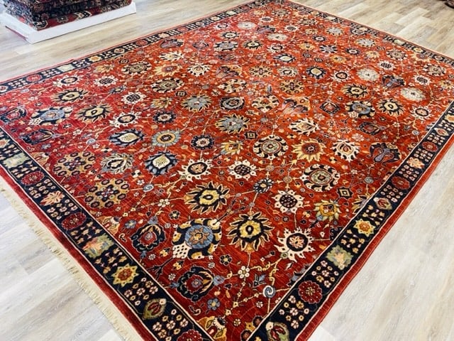 Vintage All over Cambrige Design Karastan Rug.-5094: Title:Vintage All over Cambrige Design Karastan Rug.-5094 Description:Beautiful all over Cambraige Design # 2120-00502 with Lall over large Botteh, on rust field, size 9 ft. 2 inches by 13 ft, circa 1