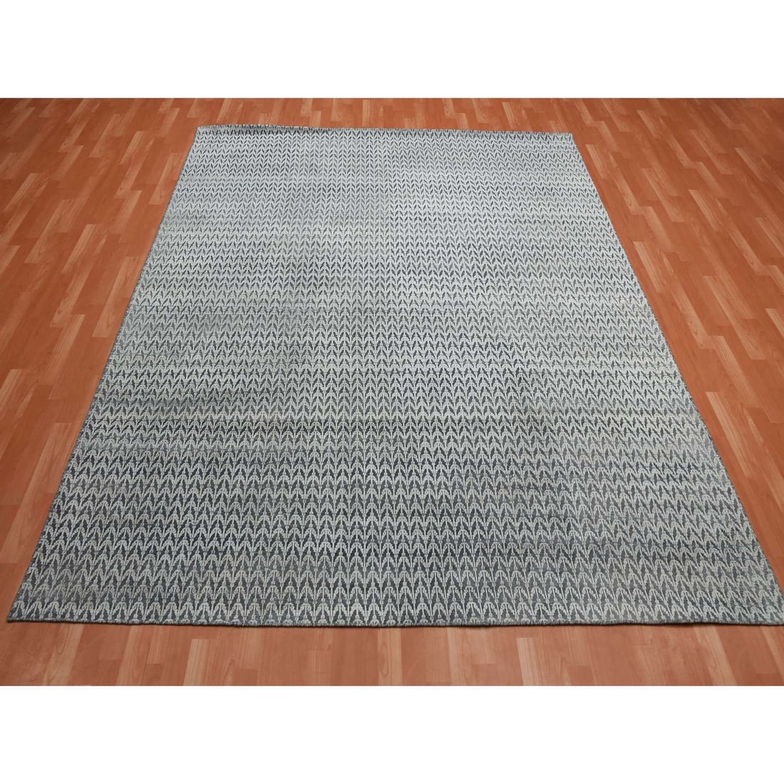 Black, Pure Raised Silk Hand Knotted, Repetitive Pattern Wool Rug - 3