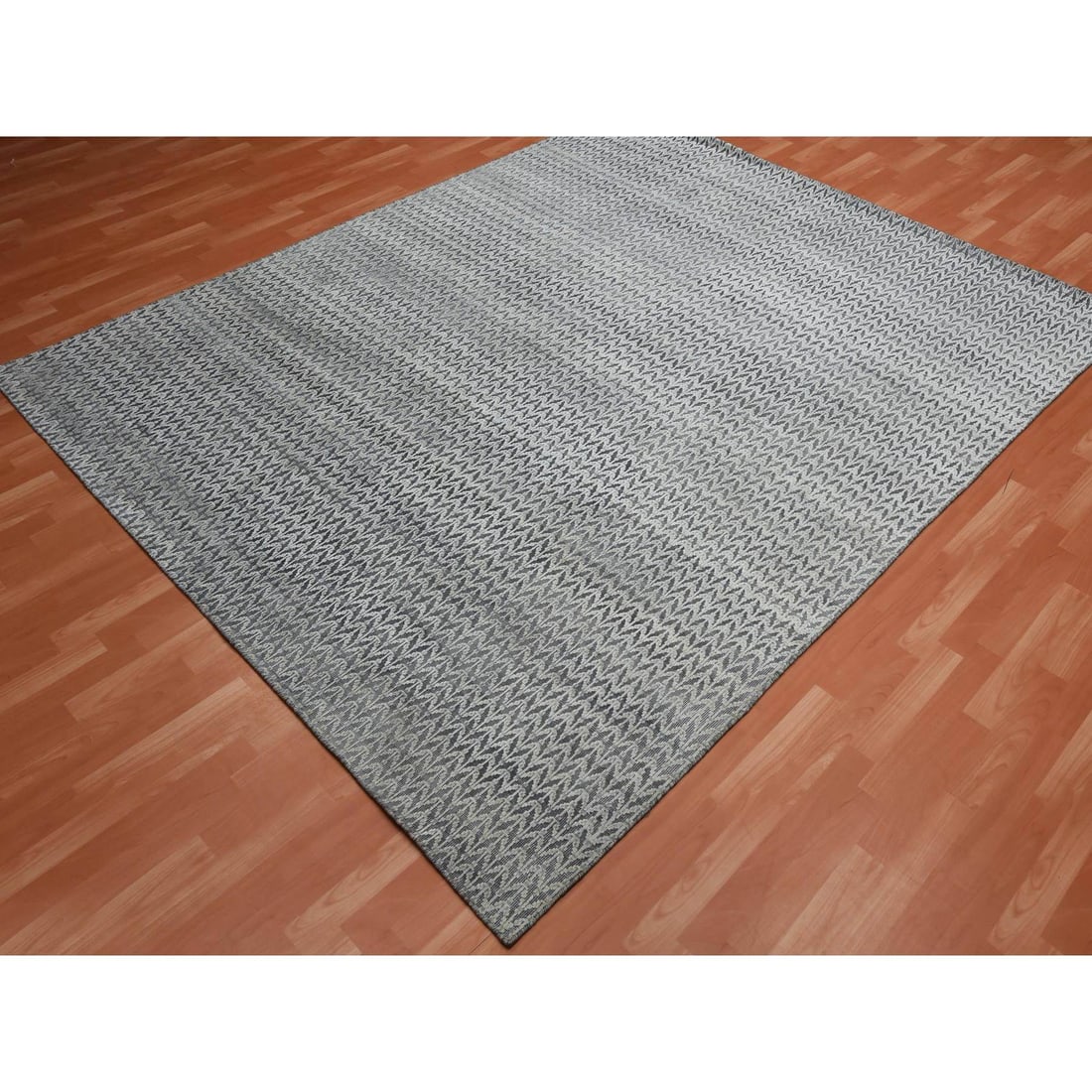 Black, Pure Raised Silk Hand Knotted, Repetitive Pattern Wool Rug - 4