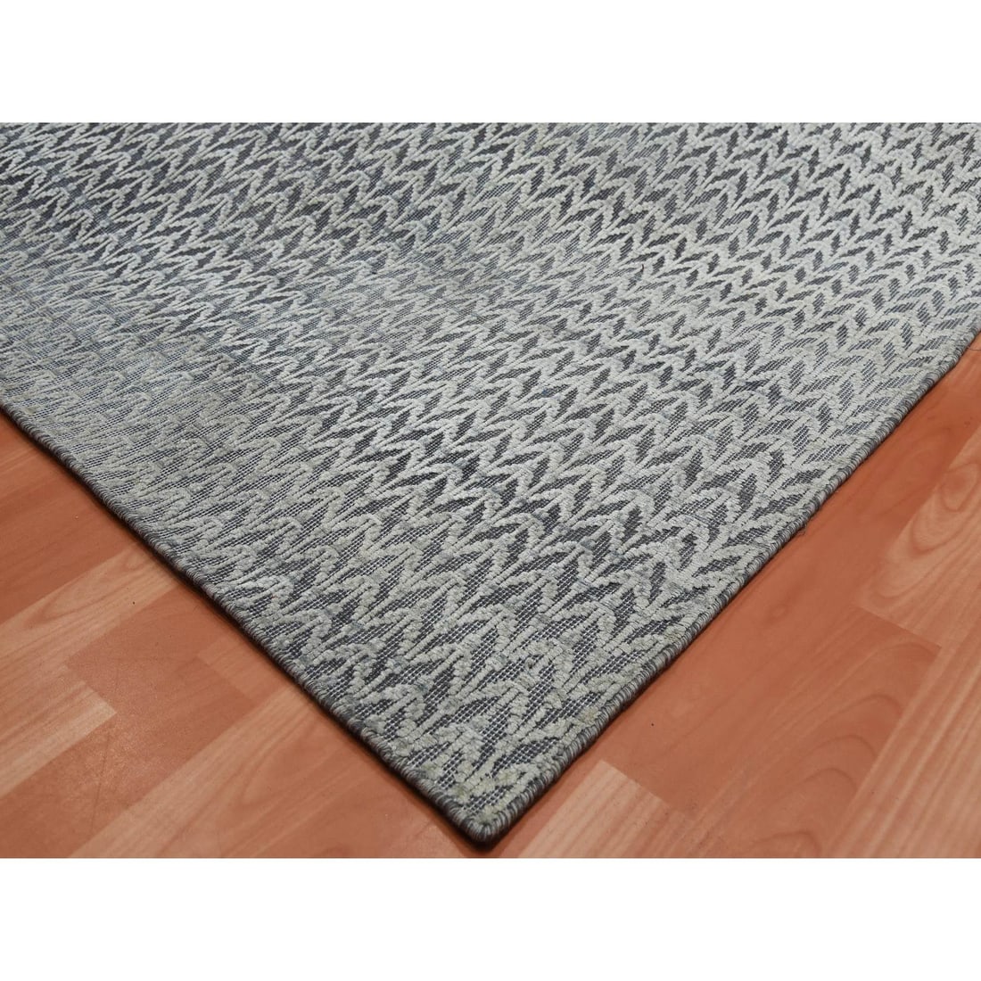 Black, Pure Raised Silk Hand Knotted, Repetitive Pattern Wool Rug - 7