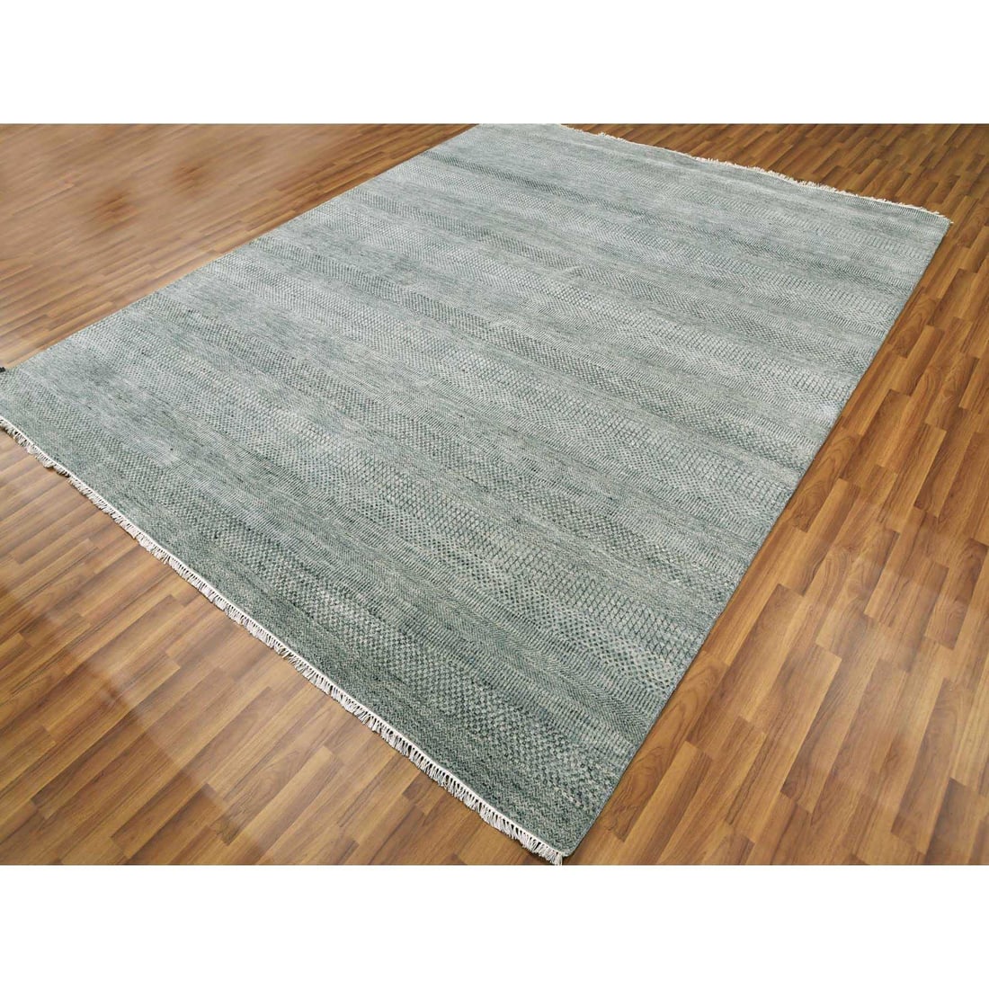 Ash Gray, Wool and Silk Hand Knotted, Grass Design Dense Weave, Rug - 3
