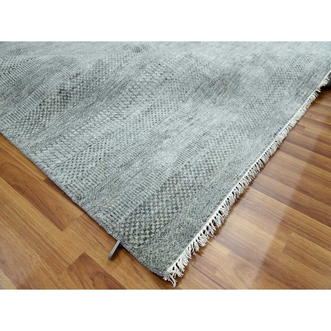 Ash Gray, Wool and Silk Hand Knotted, Grass Design Dense Weave, Rug - 6