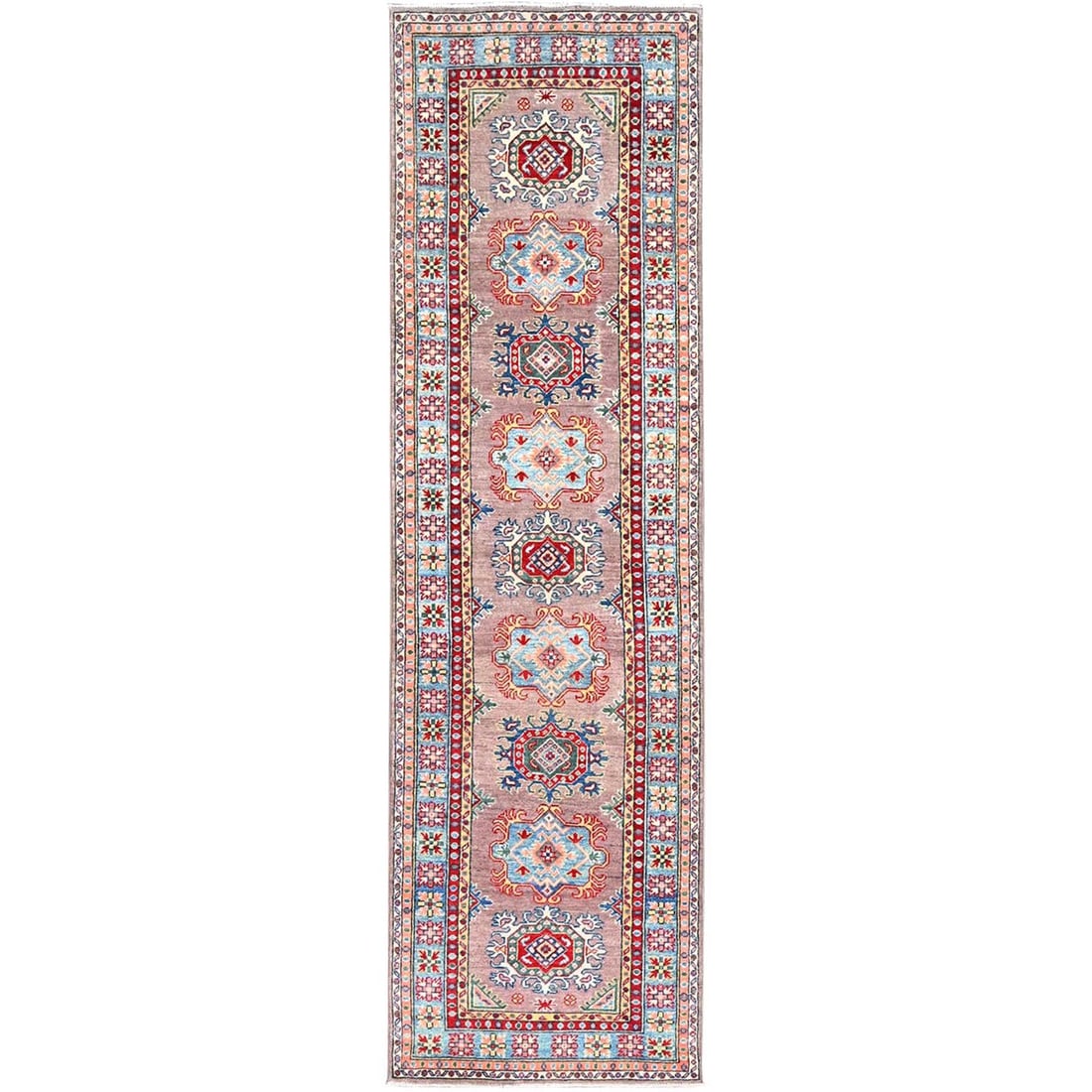 Gray Hand Knotted Densely Woven Kazak Runner Wool Oriental Rug (1 of 7)