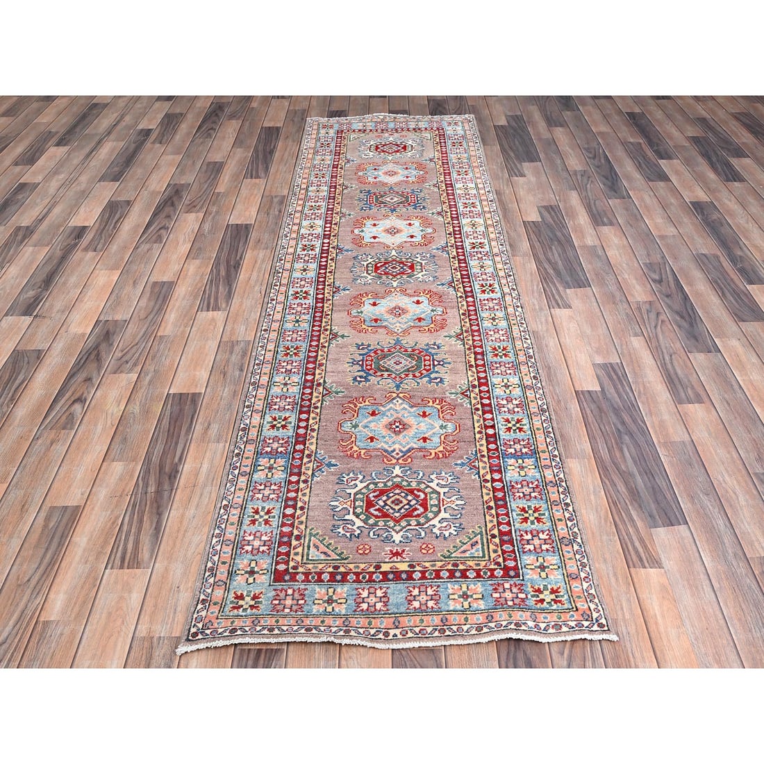 Gray Hand Knotted Densely Woven Kazak Runner Wool Oriental Rug - 2