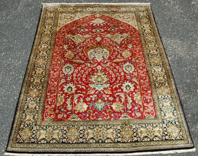 Persian QOM RUG 3'5"x5'1": Title: Persian QOM RUG 3'5"x5'1" Description:OLD HIGHLY DETAILED FINE NATURAL SILK TREE OF LIFE or PRAYER DESIGN Persian -QOM ORIENTAL RUG .....with exact size of 3' 5" x 5' 1" ..........very