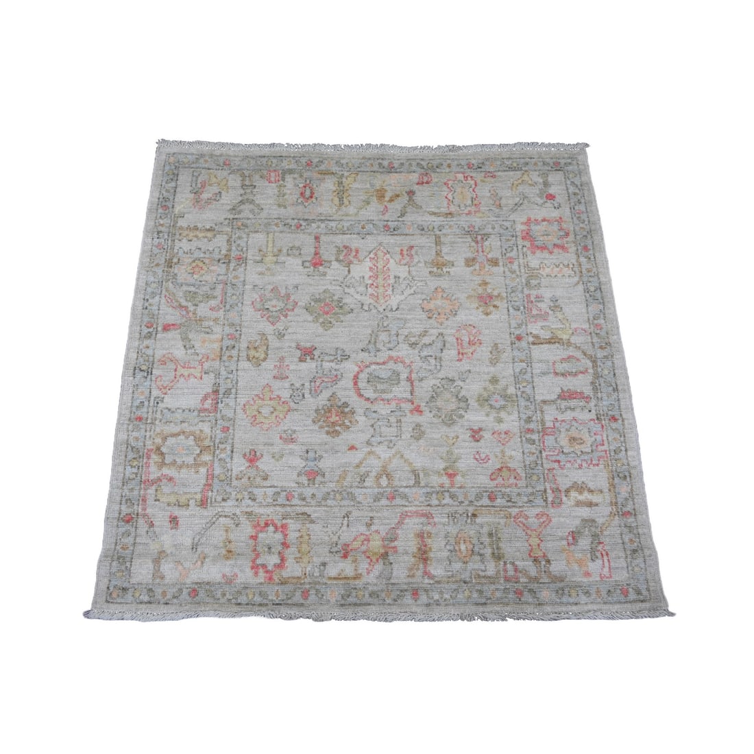 White Afghan Angora Oushak All Over Motif Hand Knotted Wool Square Rug: Title: White Afghan Angora Oushak All Over Motif Hand Knotted Wool Square Rug Description:This is a truly genuine one-of-a-kind. It has been Knotted for months and months in the centuries-old weaving
