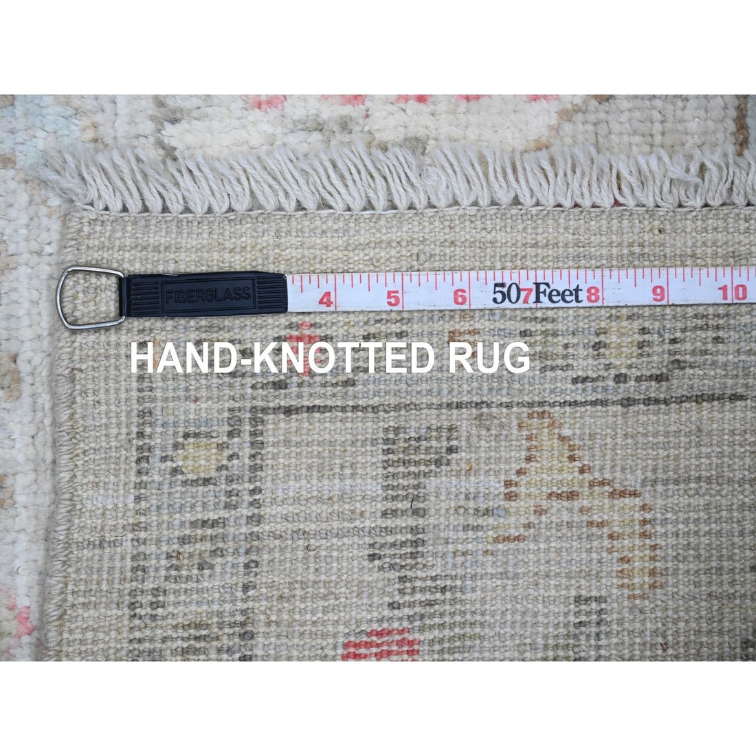 White Afghan Angora Oushak All Over Motif Hand Knotted Wool Square Rug - 6