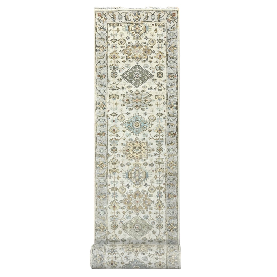 Ivory Shiny Wool Hand Knotted Karajeh Design XL Runner Oriental Rug (1 of 8)