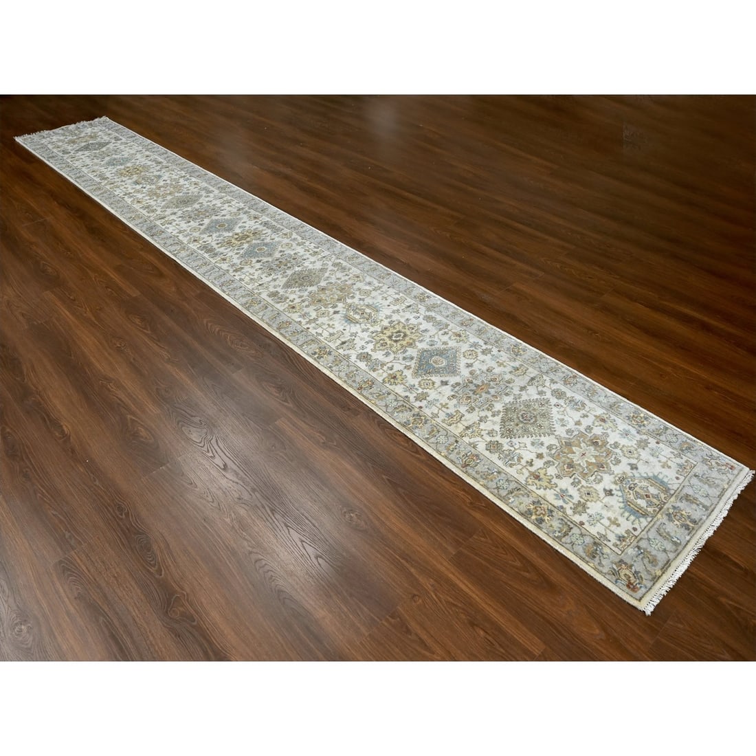 Ivory Shiny Wool Hand Knotted Karajeh Design XL Runner Oriental Rug - 2
