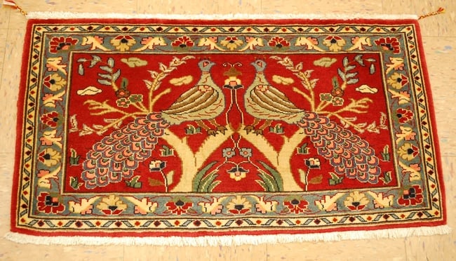 Persian SAROUK RUG 1'8" X 2'2": Title: Persian SAROUK RUG 1'8" X 2'2" Description:OLD,ANTIQUE VERY FINE KURK WOOL AND SILK Persian SAROUK ORIENTAL RUG. Detailed PEACOCKS AND floral design with many wonderful colors with Fine kurk