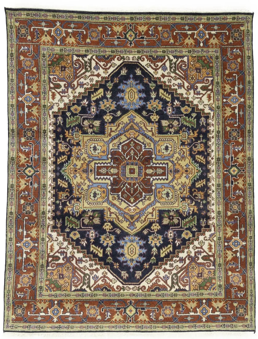 Dark Purple-navy Geometric 8X10 Heriz Serapi Oriental Rug: Title: Dark Purple-navy Geometric 8X10 Heriz Serapi Oriental Rug Description:Handmade 8X10 dark purple Oriental rug made with vegetable dyes (fine wool pile and cotton foundation), superior knot