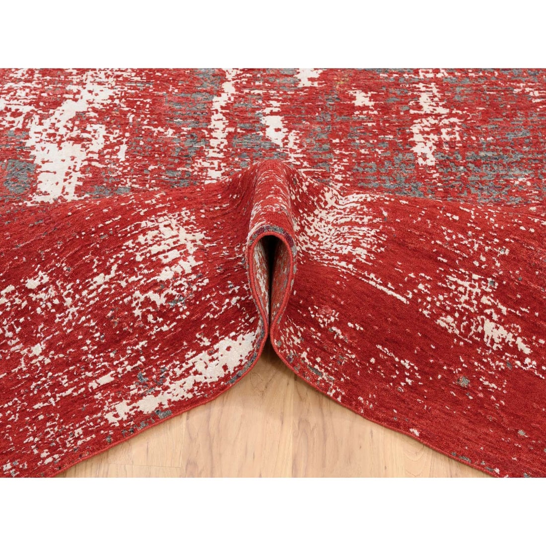 Red, Modern Design, Nepale Weave, Wool and Silk, Hand Knotted, Rug - 5