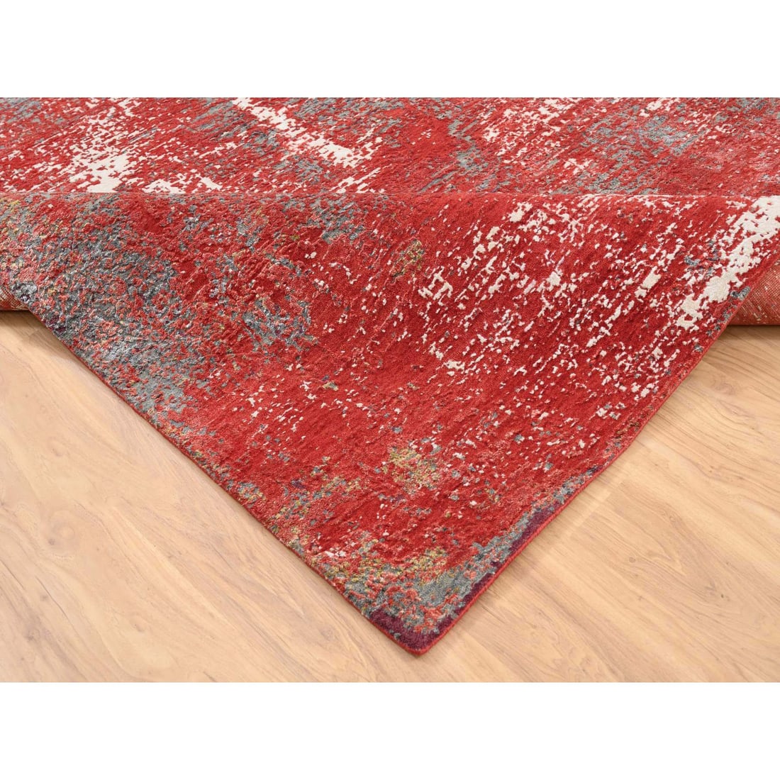Red, Modern Design, Nepale Weave, Wool and Silk, Hand Knotted, Rug - 6