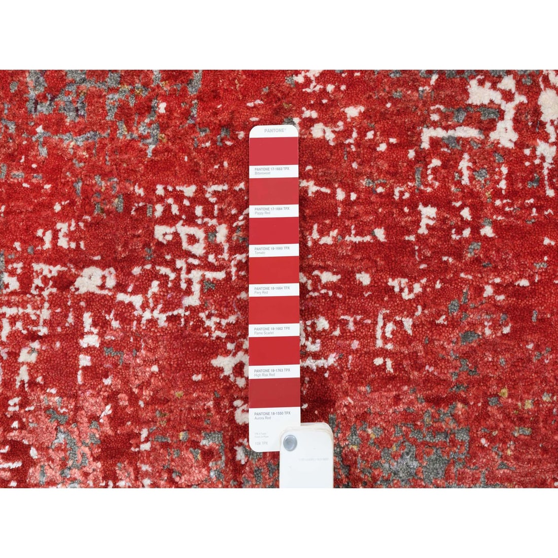 Red, Modern Design, Nepale Weave, Wool and Silk, Hand Knotted, Rug - 7