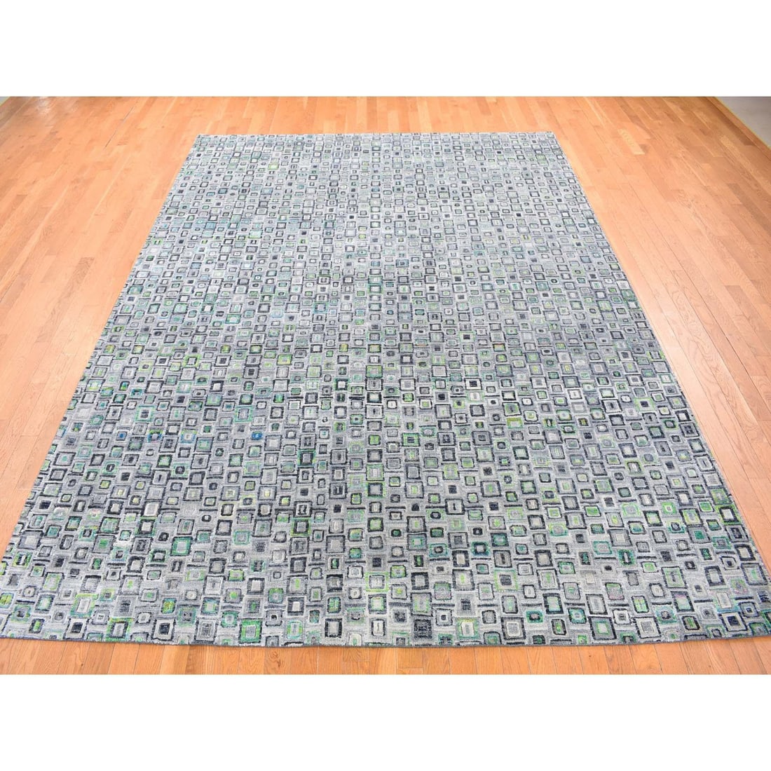 Gray, Silk with Wool, Psefas Square Design Hand Knotted Rug - 2