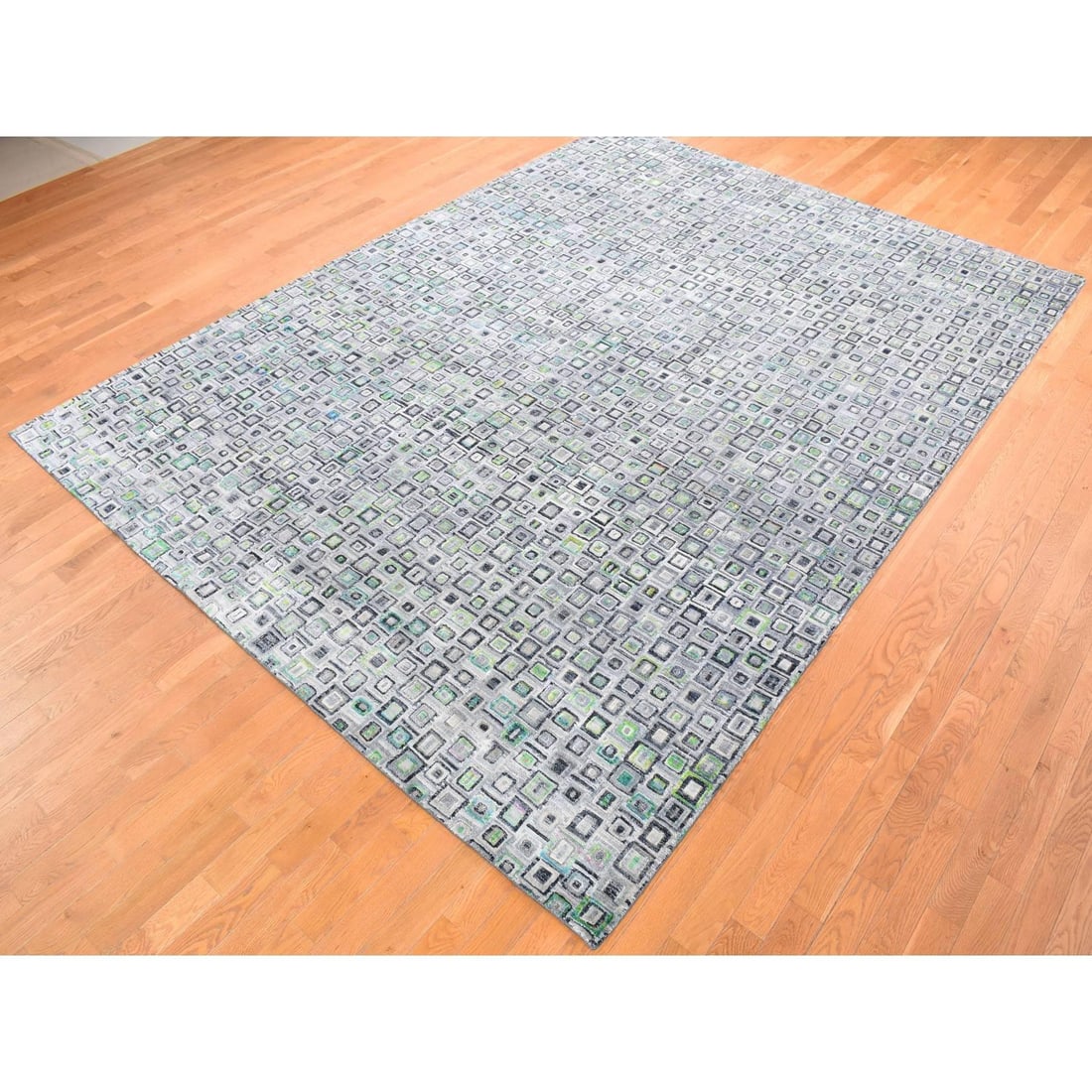 Gray, Silk with Wool, Psefas Square Design Hand Knotted Rug - 3