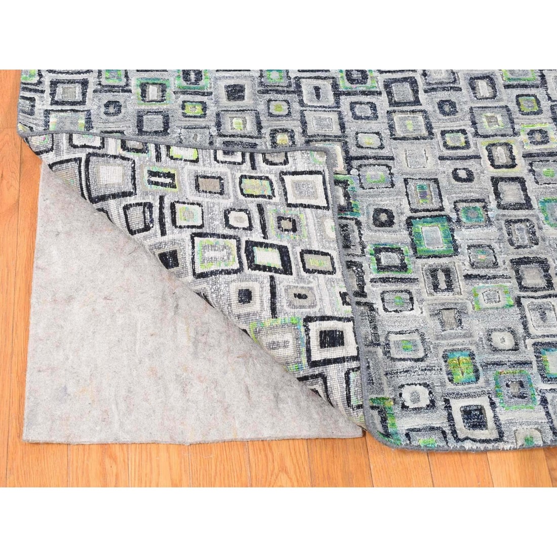 Gray, Silk with Wool, Psefas Square Design Hand Knotted Rug - 4
