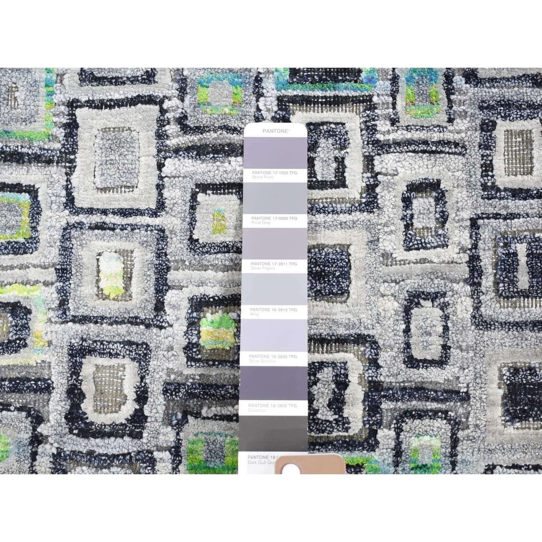 Gray, Silk with Wool, Psefas Square Design Hand Knotted Rug - 7