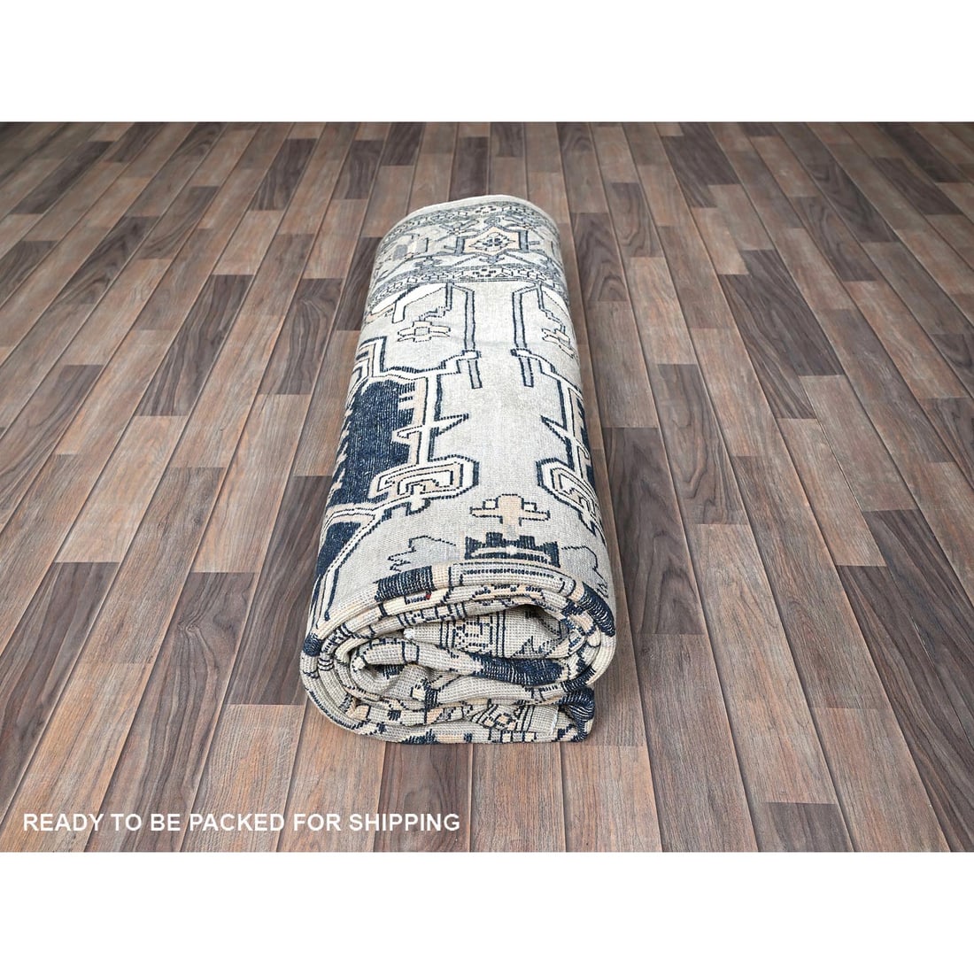 Cloud Gray Peshawar Serapi Heriz Design Hand Knotted Pure Wool Rug - 9