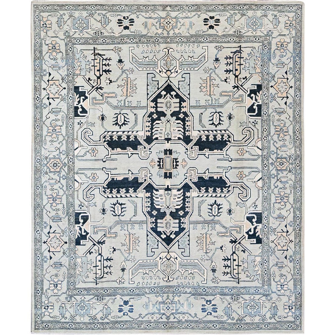 Cloud Gray Peshawar Serapi Heriz Design Hand Knotted Pure Wool Rug: Title: Cloud Gray Peshawar Serapi Heriz Design Hand Knotted Pure Wool Rug Description:This is a truly genuine one-of-a-kind. It has been Knotted for months and months in the centuries-old weaving