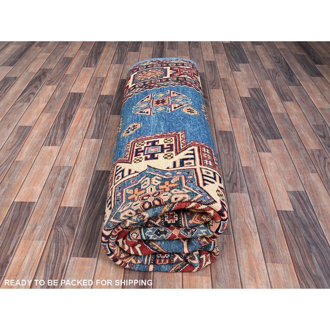 Cerulean Blue Special Kazak Wool Hand Knotted Natural Dyes Rug - 9